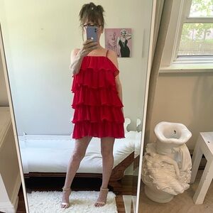 LIPSTICK RED RUFFLES FLOUNCED DRESS ADJUSTABLE STRAPS PLEATED ACCORDION ROWS